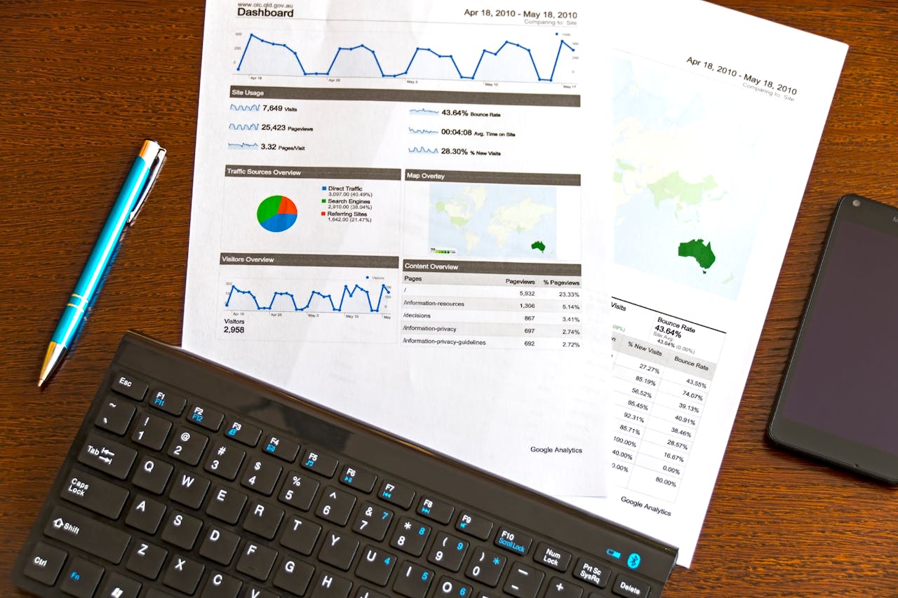 Services-01 Flatlay of a business analytics report, keyboard, pen, and smartphone on a wooden desk.